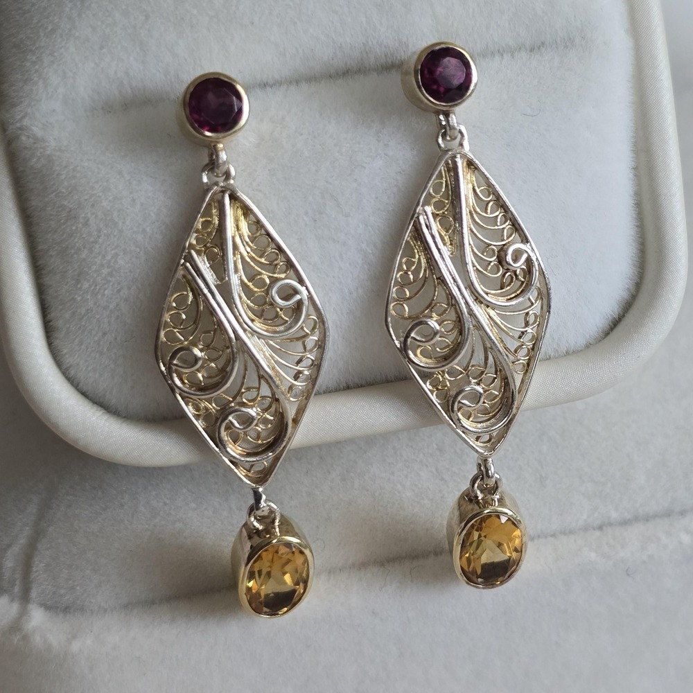Vintage-Inspired Sterling Silver Filigree Earrings with Citrine & Garnet - Picture 12 of 12